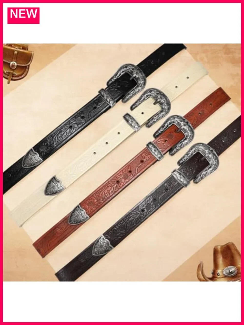 Vintage Floral Carved PU Leather Western Belt for Women Cowgirl